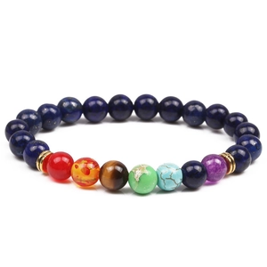 Detail of 8mm chakra bracelet with blue beads and seven colorful natural stones