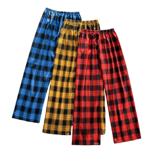 Women's satin lounge pants with classic blue, yellow and red plaid patterns