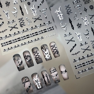Gothic Dark Punk Nail Art Stickers 3D Relief Luminous Silver Hot Stamping Bunny Cross Heart Halloween Adhesive Decals
