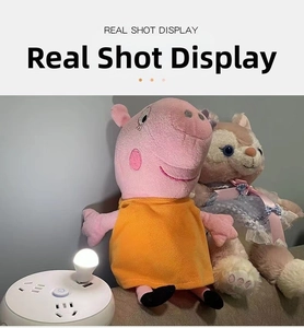 Detail showing plush toys illuminated by a round white USB night light on a power strip