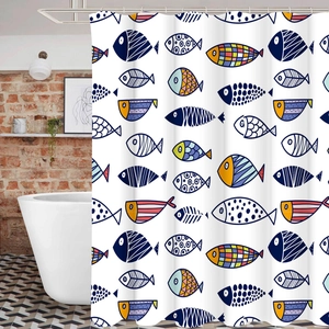 Modern white shower curtain featuring colorful cartoon fish print in a stylish bathroom