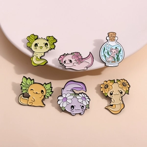 Set of 6 cute axolotl enamel pins with cactus and flower designs for backpacks