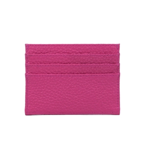 Close-up of pink litchi grain leather card holder with multiple functional card slots