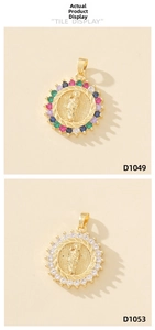 Detailed comparison of two religious Virgin Mary round pendants with colorful crystals