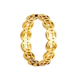 Detailed view of a hollowed golden coin pattern ring made of high-quality titanium steel