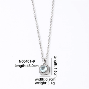 Detail view of silver square zircon pendant necklace with size specs and dimensions
