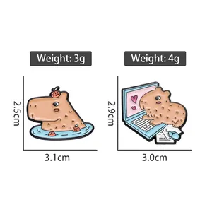 Cute Capybara enamel pins size chart showing weight and dimensions for two styles