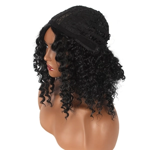 Long black curly synthetic wig with voluminous afro waves on a professional mannequin