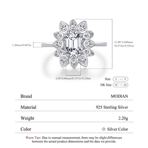 Luxurious S925 sterling silver ring with emerald-cut zirconia sunflower design