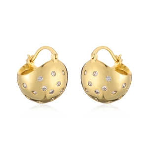 Exquisite gold-plated geometric hoop earrings with sparkling cubic zirconia on white background