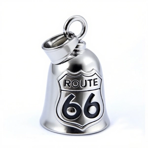 Stainless steel Route 66 road guardian bell pendant with silver metallic finish