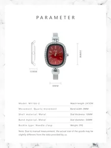 Technical specifications for women's red dial quartz watch with rhinestone bezel and mesh band