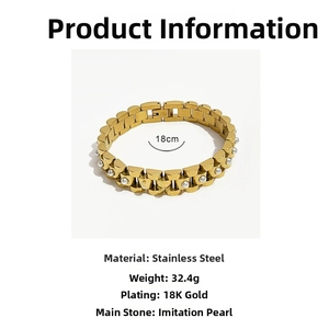 Detail of 18K gold-plated stainless steel watch-style link bracelet with white pearls
