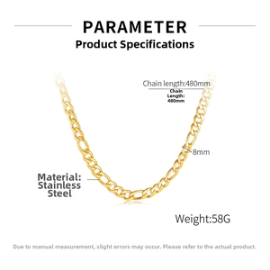 Detailed view of an 8mm wide gold Figaro chain necklace with size and material specifications