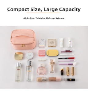 Detailed top view of pink vanity case showing large capacity for skincare and makeup