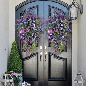 Purple Artificial Tulip Wreath Teardrop Flower Swag For Front Door Home Decor Spring Summer Satin Plastic Lavender