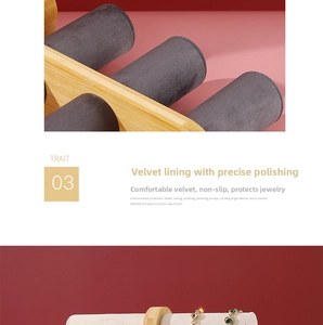 Detailed view of 3-tier bamboo jewelry display with soft velvet rollers for bracelets