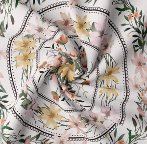 Detail shot of delicate floral textile fabric showing soft texture and petal patterns