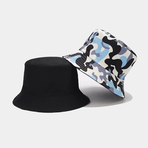 Detail of reversible bucket hats in solid black and blue camo pattern for outdoor sun protection