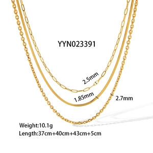 Three-layer gold stainless steel necklace set with paperclip, snake, and O-link chains