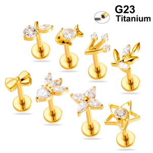 G23 Titanium Internally Threaded Labret Studs Zircon Inlaid Fish Bow Flower Heart Ear Cartilage Piercing Jewelry For Women