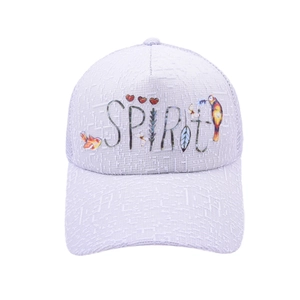 Light purple mesh trucker baseball cap featuring colorful SPIRIT letter print design