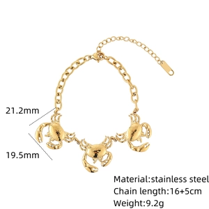 Golden stainless steel crab charm bracelet with adjustable lobster clasp closure