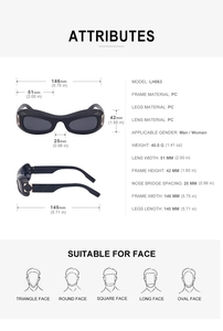 Detailed dimension guide and specifications for Y2K oval sunglasses with PC frame