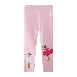Girls Leggings Pink Pure Cotton Polka Dot Print Ballet Dancer Embroidery Elastic Waist Casual Pants For Kids Spring Autumn