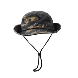 Detail of camouflage sun hat featuring adjustable windproof drawstring and metal buckle
