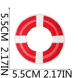 Macro detail of red and white lifebuoy embroidered patch with 5.5cm size markings