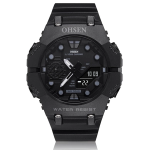 Rugged all-black octagonal sports watch with dual analog-digital display and silicone strap
