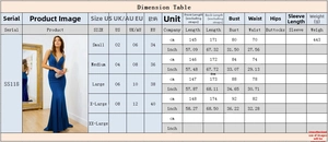 Size chart for royal blue backless evening dress with detailed body measurements in cm and inch