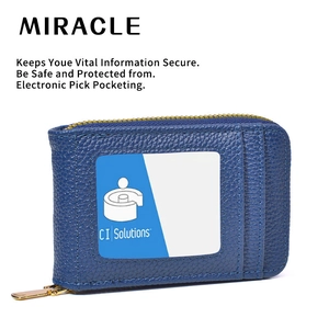 Dark blue litchi leather RFID blocking card holder with zipper and ID window