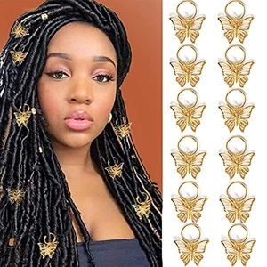 Set of gold butterfly hair rings for dreadlocks, 12 pieces shown on model and white background