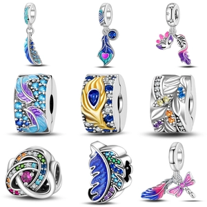 Feather Peacock Dragonfly Mask DIY Charm Pendant With Blue Purple Enamel And Zircon Silver Tone Metal For Bracelet