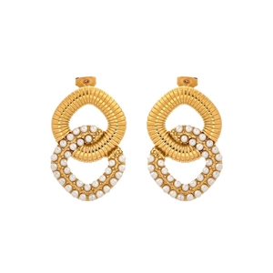 Eleganti orecchini a cerchio geometrici placcati oro 18K con perle bianche incastonate