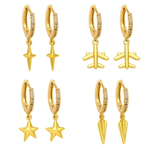Minimalist Gold Plated Copper Dangle Earrings Rhinestone Star Plane Pentagram Cone Geometric Earrings For Women Jewelry