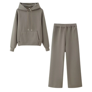 Women's 2-piece loungewear set in taupe, featuring a hoodie and matching wide-leg pants