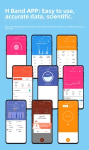 Detailed UI views of H Band App tracking heart rate, blood oxygen and health metrics