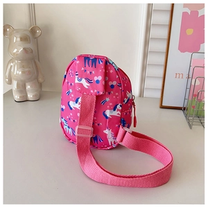 Pink kids chest bag featuring cartoon unicorn print and adjustable shoulder strap