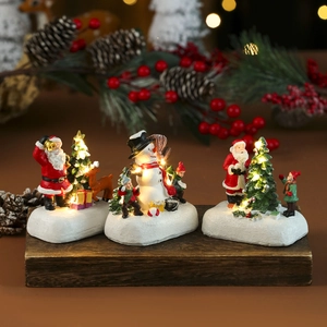 Maisons de Noël miniatures en résine LED avec Père Noël et bonhomme de neige