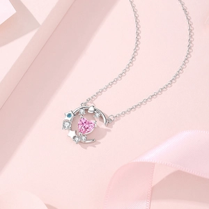 S925 Sterling Silver Star and Moon Necklace with Heart-shaped Pink Zirconia Pendant