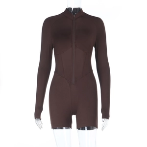 Detailed front view of brown long sleeve romper with zipper and athletic stitching