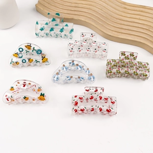 7-piece set of transparent Christmas hair claws with festive trees and snowman patterns