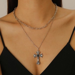 Gothic double layer necklace with studded cross pendant and black heart gemstone