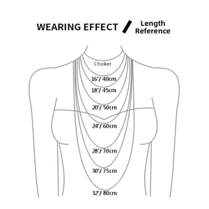 Detailed length guide and wearing effect chart for necklaces in inches and centimeters