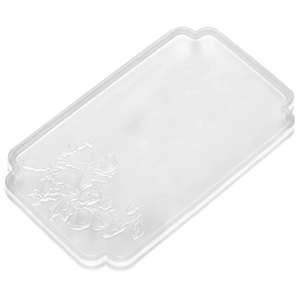 Rectangular crystal glass tea tray with engraved birds and fruit pattern on white background