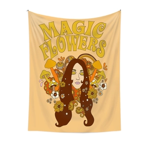 Close-up of vintage hippie wall tapestry featuring magic flowers and retro mushrooms
