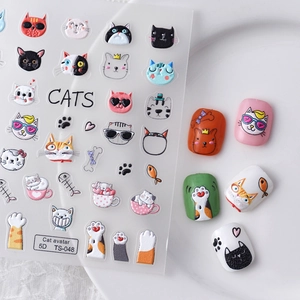 Cute 5D embossed cat nail art stickers with 3D cartoon cat claw designs, TS-048